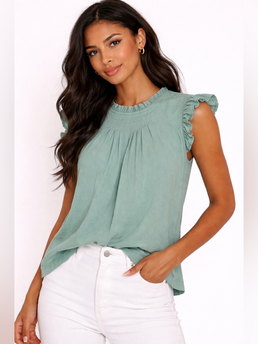 Sage Green Ruffle Sleeve Smocked Neck Cottagecore L Top